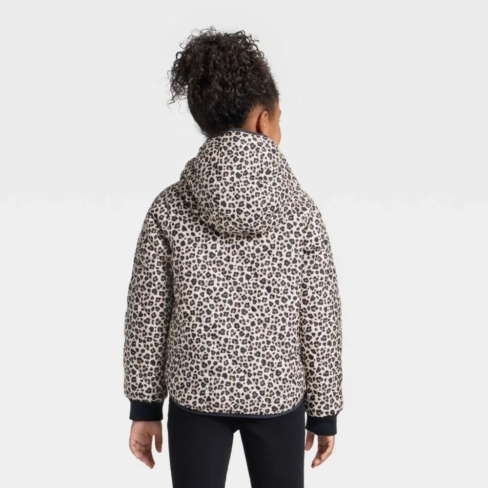 Girls' Leopard Printed Hooded Reversible Puffer - Cat & Jack Tan XS